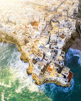 Aerial view of the traditional roofs of Polignano a Mare, Apulia, Italy