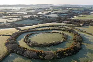 April Prints: Aerial view of Tregeare Rounds Iron Age Hillfort near Pendoggett in North Cornwall