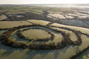 April Prints: Aerial view of Tregeare Rounds Iron Age Hillfort near Pendoggett in North Cornwall