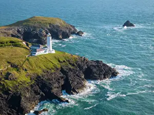 August Prints: Aerial view of Trevose Head lighthouse in North Cornwall, England. Summer (August) 2023