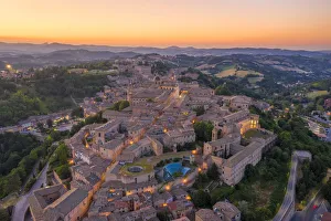 Aerial view of Urbino at dusk. Urbino, Marche, Italy, Europe