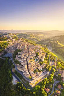 Aerial view of Urbino at sunrise. Urbino, Marche, Italy, Europe