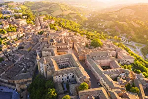 Aerial view of Urbino at sunrise. Urbino, Marche, Italy, Europe