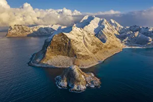 Leknes Prints: Aerial view of Uttakleiv and Haukland beach at sunrise, Leknes, Lofoten, Nordland, Norway