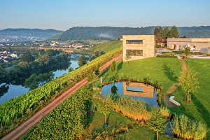 Saar Valley Prints: Aerial view at the Van Volxem winery and vinothek with river Saar