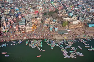 Ganges River Prints: Aerial view of Varanasi, the spiritual capital of India and Ghats in Varanasi at Ganges river in Varanasi