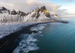 Southeast Iceland Prints: Aerial view of Vestrahorn and the black sand beach at Stokksnes, Southeast Iceland