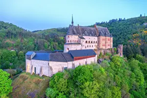 Luxembourg Prints: Aerial View at Vianden castle at dawn, canton Vianden, Luxembourg