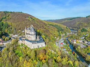 Images Dated 15th March 2023: Aerial view at Vianden castle, Vianden, canton Vianden, Our valley, Luxembourg