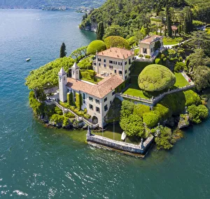 Como District Prints: Aerial view of the Villa del Balbianello, on the Lavedo peninsula. Lenno, Tremezzina