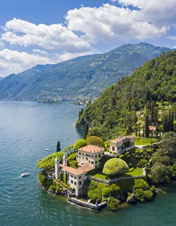 Aerial view of the Villa del Balbianello, on the Lavedo peninsula. Lenno, Tremezzina