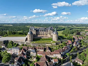 Dordogne Prints: Aerial view of the village and chateau of Hautefort, Dordogne, Nouvelle Aquitaine, France