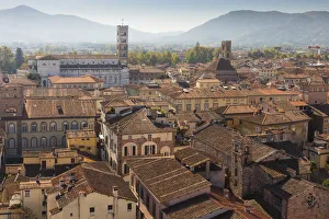 Aerial view of the walled city and Lucca Cathedral, Lucca, Tuscany, Italy