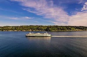 Aerial view of a Washington State Ferry sailing in the Puget Sound, Bremerton, Washington, USA