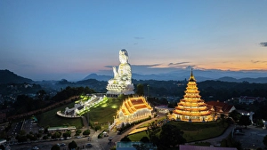 Antique Prints: Aerial view of Wat Huay Pla Kang temple at blue hour, Chiang Rai, Thailand
