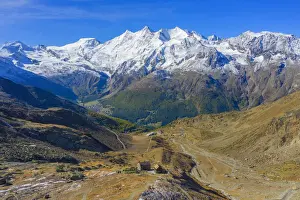 Aerial view on the Weissmies mountain hut with Ss-Fee and the Mischabel mountain range, Ss-Grund, Valais, Switzerland