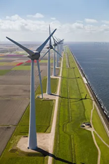 Images Dated 26th September 2017: Aerial view of wind turbines on land and at sea, North Holland, Netherlands
