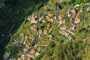 Aerial view of winding road, Curral das Freiras (Pen of the Nuns), Camara de Lobos, Madeira, Portugal