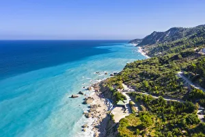 Lefkada Prints: Aerial view of the winding road to Megali Petra beach. Lefkada, Ionian Islands region