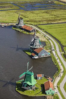 Aerial view of windmills in Zaanse Schans, Netherlands