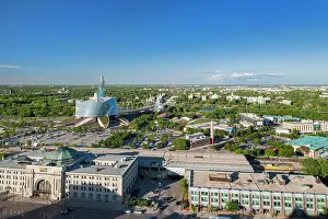 Aerial view of Winnipeg City looking eastward with Winnipeg train station and Northwest Company in front and the Canadian Museum for Human Rights, Winnipeg, Manitoba, Canada