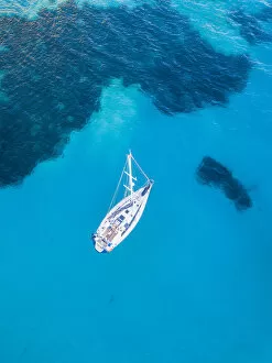 Aerial view of yacht, Menorca, Balearic Islands, Spain