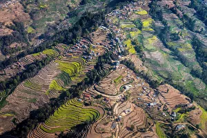 Aerial of villages and terraced fields in the Kathmandu Valley, Nepal