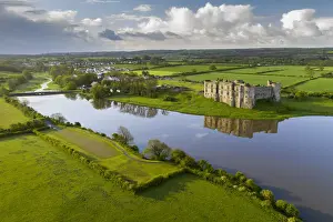 Aerial vista of Carew Castle in Pembrokeshire Coast National Park, Wales, UK