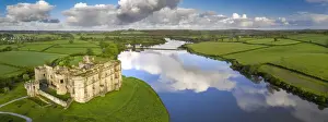 Aerial vista of Carew Castle in Pembrokeshire Coast National Park, Wales, UK
