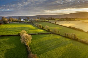 Drone Collection: Aerial vista of Dartmoor countryside in rich evening sunlight, Livaton, Devon, England