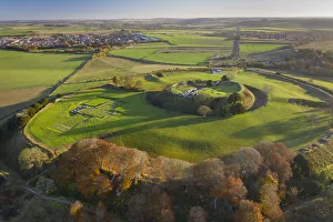 Aerial vista of Old Sarum, Salisbury, Wiltshire, England. Autumn (November) 2021