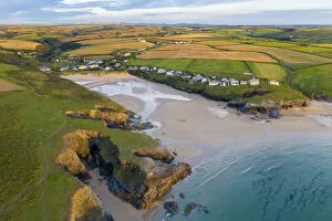 Aerial vista of Porthcothan Bay on the North Cornish coast, Cornwall, England