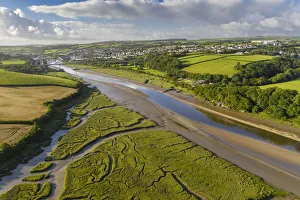 Mavic Prints: Aerial vista of the River Camel near Wadebridge, Cornwall, England. Summer (July) 2020