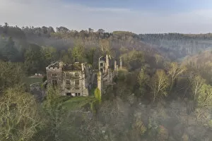 Images Dated 28th May 2021: Aerial vista of the ruins of Berry Pomeroy Castle at dawn, South Hams, Devon, England
