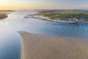Images Dated 19th November 2020: Aerial vista of sunset over the Camel Estuary and Rock, Cornwall. England