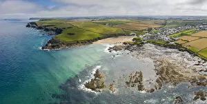 Images Dated 19th November 2020: Aerial vista of Trevone Bay and Newtrain Bay, Cornwall, England. Summer (July) 2020