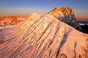 Mountainscapes Prints: Aerial winter snowy massif of Gran Sasso (Corno Grande) and Aquila mountain