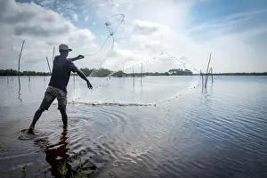 Casting Prints: Africa, Benin, Ouidah. A fisherman casting his net in the lagoon