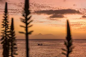 africa, Cape Verde, Santiago. sunset in Tarrafal with the volcano of Fogo in the far