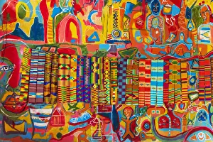 Textile Prints: Africa, Ghana, Volta Region. Kente cloths for sale in the Kente weavers village