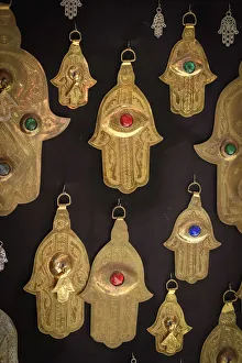 Images Dated 16th August 2017: Africa, Morocco, Marrakesh, medina market, Fatima door charm on sale in souk