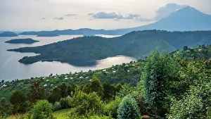 Rwanda Prints: africa, Rwanda, Burera Lake. View over the lake towards volcano Muhavura