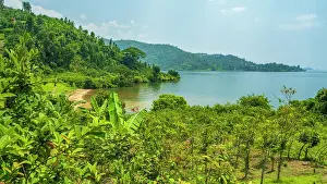 Sandy Prints: africa, Rwanda, Kivu Lake. View from the Congo Nile Trail toward a sandy beach by the lake