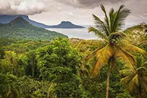 Equatorial Prints: Africa, Sa Tome and Principe. View over the coast of Principe and its mountains