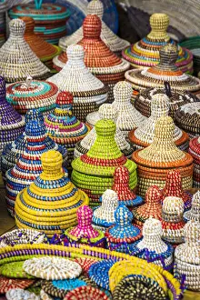 Africa, Senegal, Dakar. Handmade baskets on sale on the road towards Saint Louis