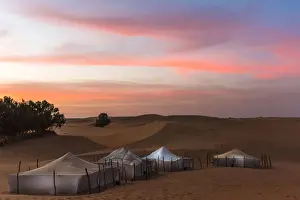 Tents Prints: Africa, Senegal, Lompoul. The desert camp Ecolodge Lompoul at sunset