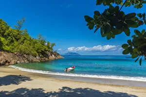 Trail Gallery: africa, Seychelles, Mahe. Anse Major beach with silhouette Island in the back