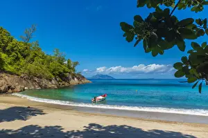 Silhouette Prints: africa, Seychelles, Mahe. Anse Major beach with silhouette Island in the back