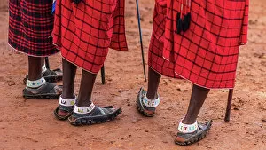 Images Dated 19th December 2022: Africa, Tanzania, Manyara Region. Close up of Msai feet with their typical shoes made of