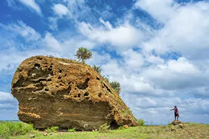 Maasai Collection: Africa, Tanzania, West Kilimanjaro. hiking with a Msai to a rock with Euphorbia
